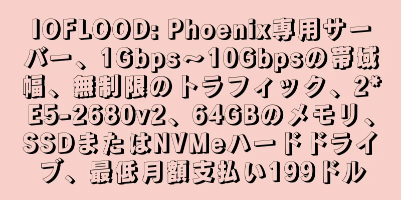 IOFLOOD: Phoenix専用サーバー、1Gbps～10Gbpsの帯域幅、無制限のトラフィック、2*E5-2680v2、64GBのメモリ、SSDまたはNVMeハードドライブ、最低月額支払い199ドル