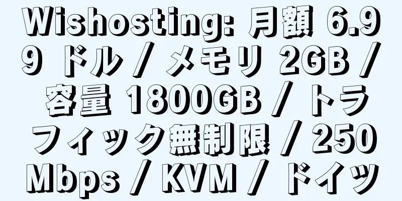 Wishosting: 月額 6.99 ドル / メモリ 2GB / 容量 1800GB / トラフィック無制限 / 250Mbps / KVM / ドイツ