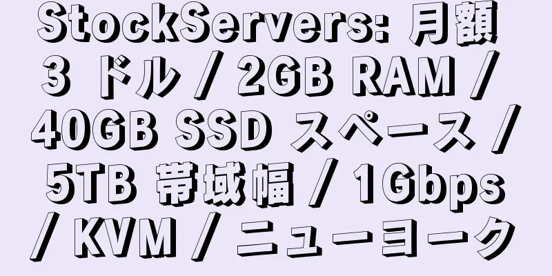 StockServers: 月額 3 ドル / 2GB RAM / 40GB SSD スペース / 5TB 帯域幅 / 1Gbps / KVM / ニューヨーク