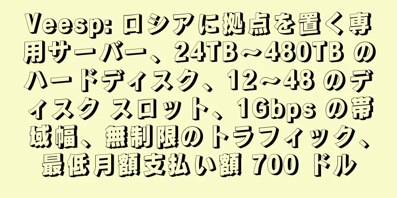 Veesp: ロシアに拠点を置く専用サーバー、24TB～480TB のハードディスク、12～48 のディスク スロット、1Gbps の帯域幅、無制限のトラフィック、最低月額支払い額 700 ドル