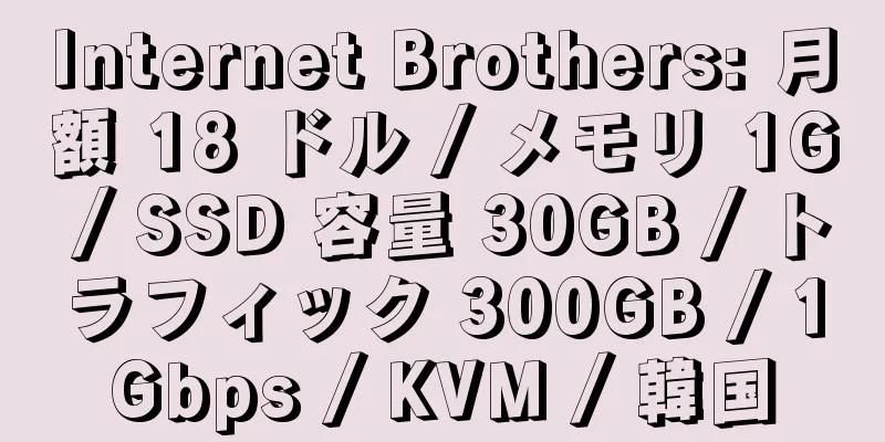 Internet Brothers: 月額 18 ドル / メモリ 1G / SSD 容量 30GB / トラフィック 300GB / 1Gbps / KVM / 韓国