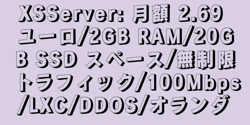 XSServer: 月額 2.69 ユーロ/2GB RAM/20GB SSD スペース/無制限トラフィック/100Mbps/LXC/DDOS/オランダ