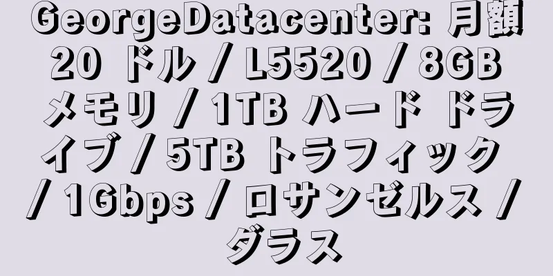 GeorgeDatacenter: 月額 20 ドル / L5520 / 8GB メモリ / 1TB ハード ドライブ / 5TB トラフィック / 1Gbps / ロサンゼルス / ダラス