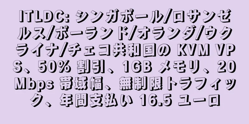 ITLDC: シンガポール/ロサンゼルス/ポーランド/オランダ/ウクライナ/チェコ共和国の KVM VPS、50% 割引、1GB メモリ、20Mbps 帯域幅、無制限トラフィック、年間支払い 16.5 ユーロ