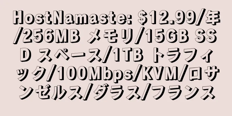 HostNamaste: $12.99/年/256MB メモリ/15GB SSD スペース/1TB トラフィック/100Mbps/KVM/ロサンゼルス/ダラス/フランス