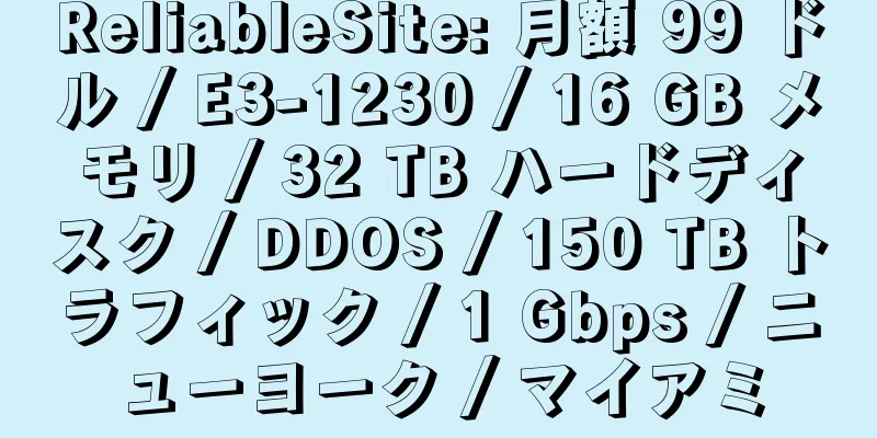 ReliableSite: 月額 99 ドル / E3-1230 / 16 GB メモリ / 32 TB ハードディスク / DDOS / 150 TB トラフィック / 1 Gbps / ニューヨーク / マイアミ