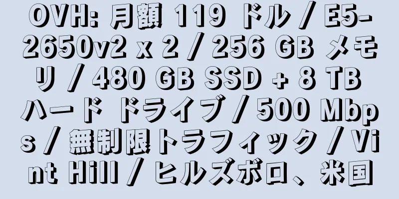 OVH: 月額 119 ドル / E5-2650v2 x 2 / 256 GB メモリ / 480 GB SSD + 8 TB ハード ドライブ / 500 Mbps / 無制限トラフィック / Vint Hill / ヒルズボロ、米国