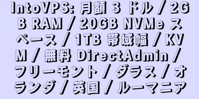 IntoVPS: 月額 3 ドル / 2GB RAM / 20GB NVMe スペース / 1TB 帯域幅 / KVM / 無料 DirectAdmin / フリーモント / ダラス / オランダ / 英国 / ルーマニア