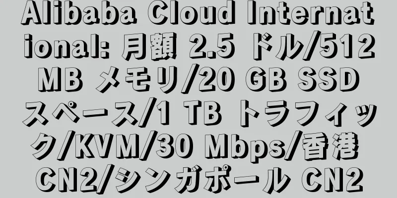 Alibaba Cloud International: 月額 2.5 ドル/512 MB メモリ/20 GB SSD スペース/1 TB トラフィック/KVM/30 Mbps/香港 CN2/シンガポール CN2