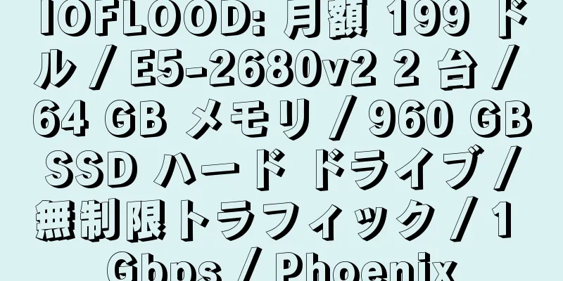 IOFLOOD: 月額 199 ドル / E5-2680v2 2 台 / 64 GB メモリ / 960 GB SSD ハード ドライブ / 無制限トラフィック / 1 Gbps / Phoenix