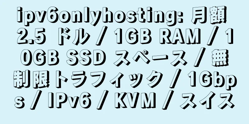 ipv6onlyhosting: 月額 2.5 ドル / 1GB RAM / 10GB SSD スペース / 無制限トラフィック / 1Gbps / IPv6 / KVM / スイス