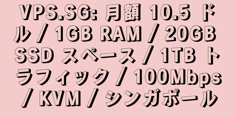 VPS.SG: 月額 10.5 ドル / 1GB RAM / 20GB SSD スペース / 1TB トラフィック / 100Mbps / KVM / シンガポール