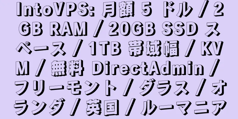 IntoVPS: 月額 5 ドル / 2GB RAM / 20GB SSD スペース / 1TB 帯域幅 / KVM / 無料 DirectAdmin / フリーモント / ダラス / オランダ / 英国 / ルーマニア