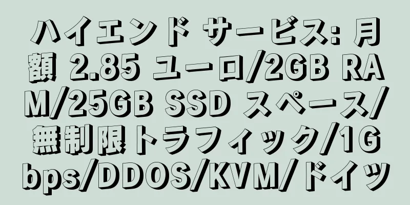 ハイエンド サービス: 月額 2.85 ユーロ/2GB RAM/25GB SSD スペース/無制限トラフィック/1Gbps/DDOS/KVM/ドイツ