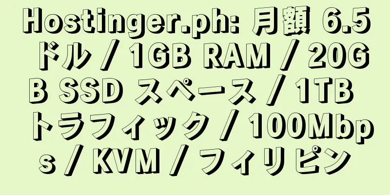 Hostinger.ph: 月額 6.5 ドル / 1GB RAM / 20GB SSD スペース / 1TB トラフィック / 100Mbps / KVM / フィリピン