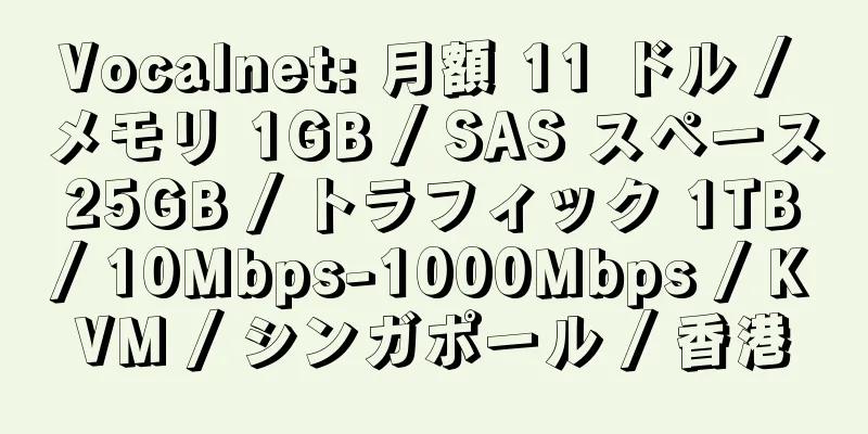 Vocalnet: 月額 11 ドル / メモリ 1GB / SAS スペース 25GB / トラフィック 1TB / 10Mbps-1000Mbps / KVM / シンガポール / 香港