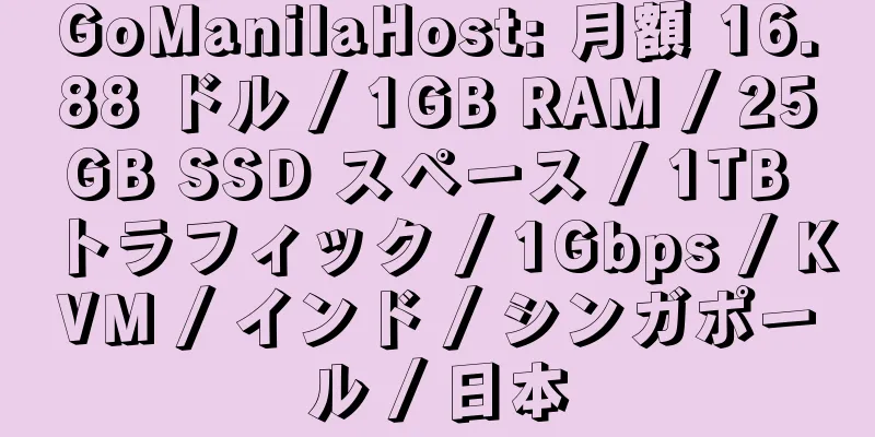 GoManilaHost: 月額 16.88 ドル / 1GB RAM / 25GB SSD スペース / 1TB トラフィック / 1Gbps / KVM / インド / シンガポール / 日本