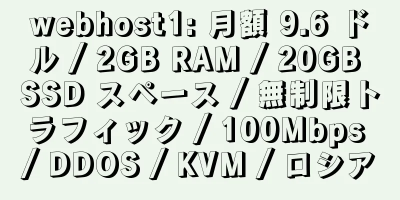 webhost1: 月額 9.6 ドル / 2GB RAM / 20GB SSD スペース / 無制限トラフィック / 100Mbps / DDOS / KVM / ロシア