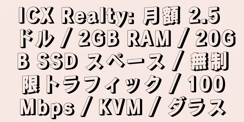 ICX Realty: 月額 2.5 ドル / 2GB RAM / 20GB SSD スペース / 無制限トラフィック / 100Mbps / KVM / ダラス