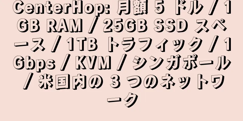 CenterHop: 月額 5 ドル / 1GB RAM / 25GB SSD スペース / 1TB トラフィック / 1Gbps / KVM / シンガポール / 米国内の 3 つのネットワーク