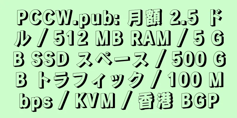 PCCW.pub: 月額 2.5 ドル / 512 MB RAM / 5 GB SSD スペース / 500 GB トラフィック / 100 Mbps / KVM / 香港 BGP