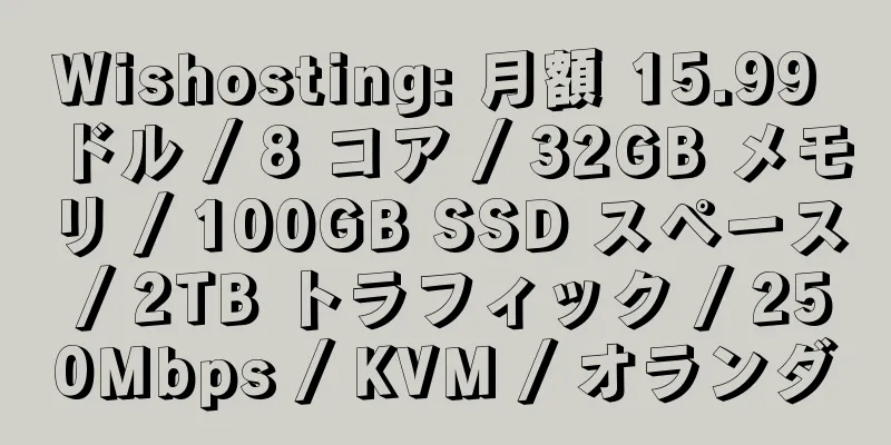 Wishosting: 月額 15.99 ドル / 8 コア / 32GB メモリ / 100GB SSD スペース / 2TB トラフィック / 250Mbps / KVM / オランダ