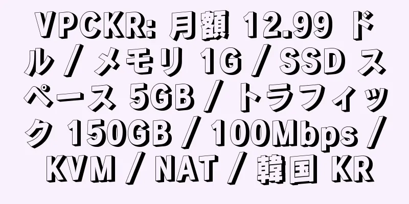 VPCKR: 月額 12.99 ドル / メモリ 1G / SSD スペース 5GB / トラフィック 150GB / 100Mbps / KVM / NAT / 韓国 KR