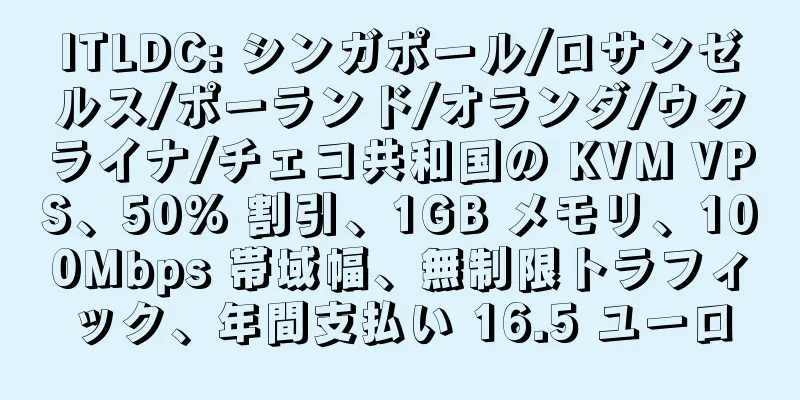 ITLDC: シンガポール/ロサンゼルス/ポーランド/オランダ/ウクライナ/チェコ共和国の KVM VPS、50% 割引、1GB メモリ、100Mbps 帯域幅、無制限トラフィック、年間支払い 16.5 ユーロ