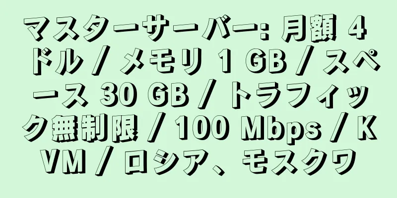 マスターサーバー: 月額 4 ドル / メモリ 1 GB / スペース 30 GB / トラフィック無制限 / 100 Mbps / KVM / ロシア、モスクワ