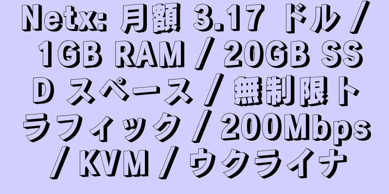 Netx: 月額 3.17 ドル / 1GB RAM / 20GB SSD スペース / 無制限トラフィック / 200Mbps / KVM / ウクライナ