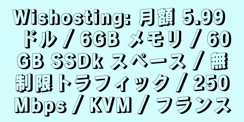 Wishosting: 月額 5.99 ドル / 6GB メモリ / 60GB SSDk スペース / 無制限トラフィック / 250Mbps / KVM / フランス