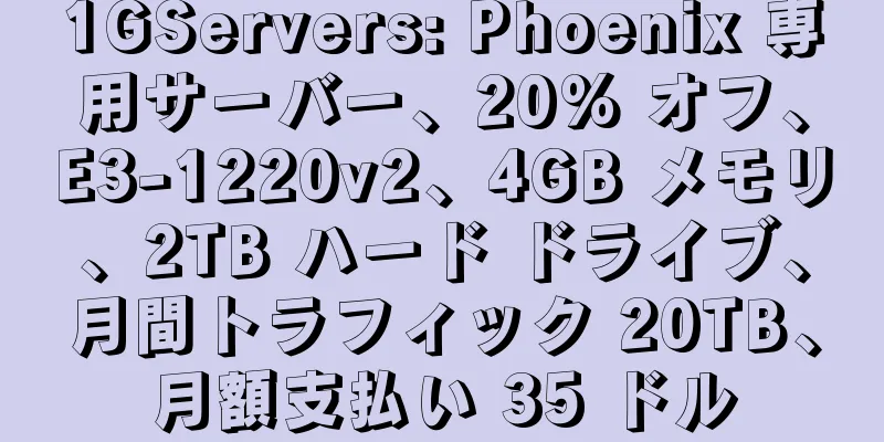 1GServers: Phoenix 専用サーバー、20% オフ、E3-1220v2、4GB メモリ、2TB ハード ドライブ、月間トラフィック 20TB、月額支払い 35 ドル