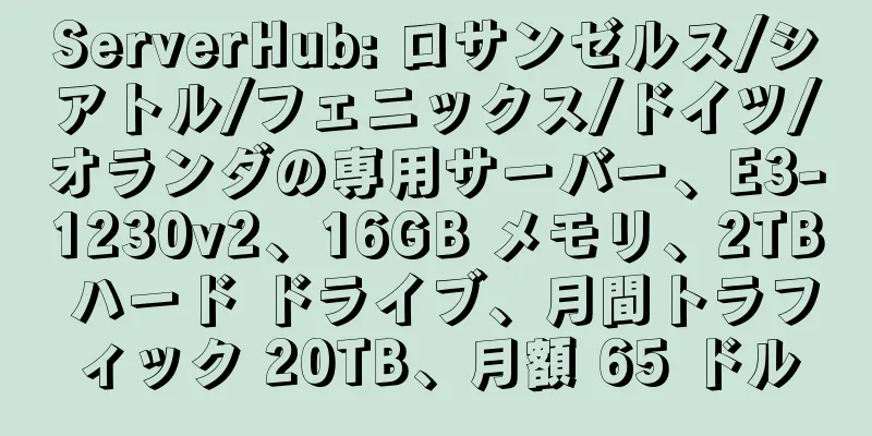 ServerHub: ロサンゼルス/シアトル/フェニックス/ドイツ/オランダの専用サーバー、E3-1230v2、16GB メモリ、2TB ハード ドライブ、月間トラフィック 20TB、月額 65 ドル