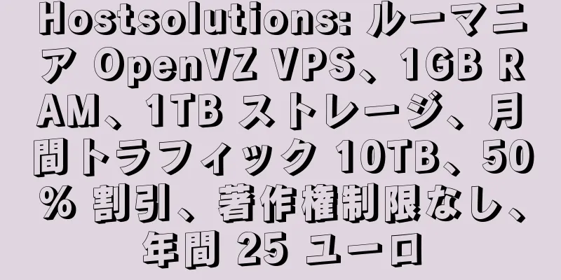 Hostsolutions: ルーマニア OpenVZ VPS、1GB RAM、1TB ストレージ、月間トラフィック 10TB、50% 割引、著作権制限なし、年間 25 ユーロ