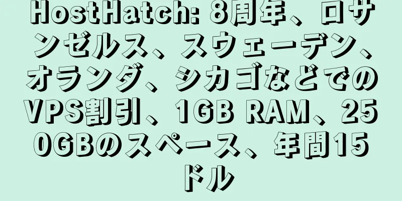 HostHatch: 8周年、ロサンゼルス、スウェーデン、オランダ、シカゴなどでのVPS割引、1GB RAM、250GBのスペース、年間15ドル