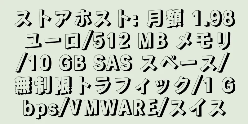 ストアホスト: 月額 1.98 ユーロ/512 MB メモリ/10 GB SAS スペース/無制限トラフィック/1 Gbps/VMWARE/スイス