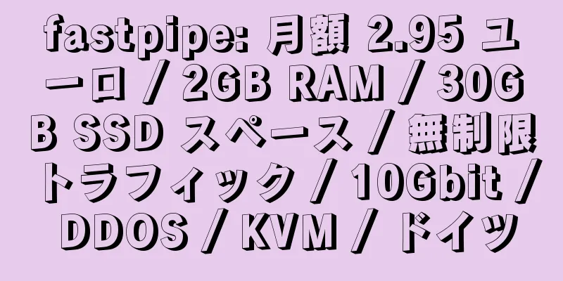 fastpipe: 月額 2.95 ユーロ / 2GB RAM / 30GB SSD スペース / 無制限トラフィック / 10Gbit / DDOS / KVM / ドイツ