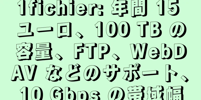 1fichier: 年間 15 ユーロ、100 TB の容量、FTP、WebDAV などのサポート、10 Gbps の帯域幅