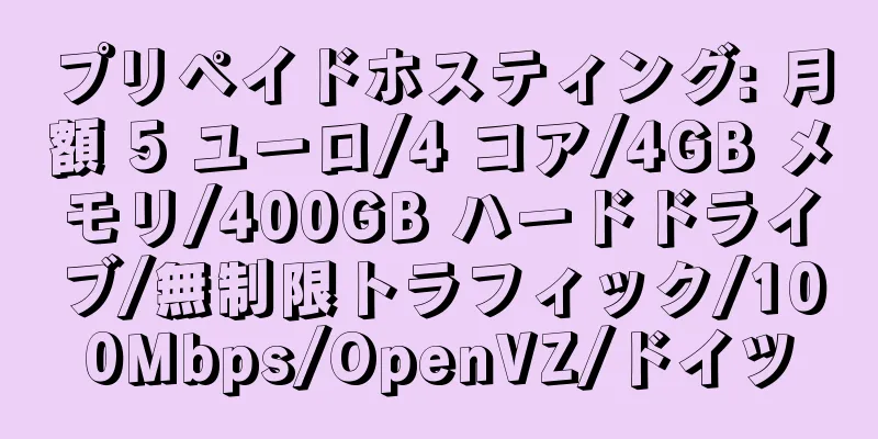 プリペイドホスティング: 月額 5 ユーロ/4 コア/4GB メモリ/400GB ハードドライブ/無制限トラフィック/100Mbps/OpenVZ/ドイツ