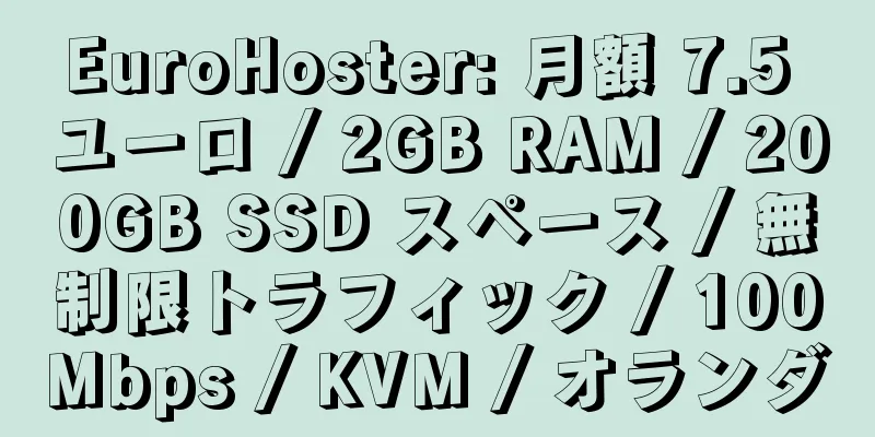 EuroHoster: 月額 7.5 ユーロ / 2GB RAM / 200GB SSD スペース / 無制限トラフィック / 100Mbps / KVM / オランダ