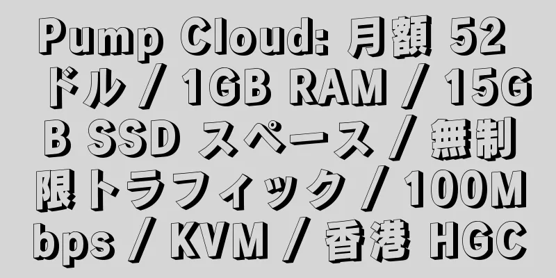 Pump Cloud: 月額 52 ドル / 1GB RAM / 15GB SSD スペース / 無制限トラフィック / 100Mbps / KVM / 香港 HGC