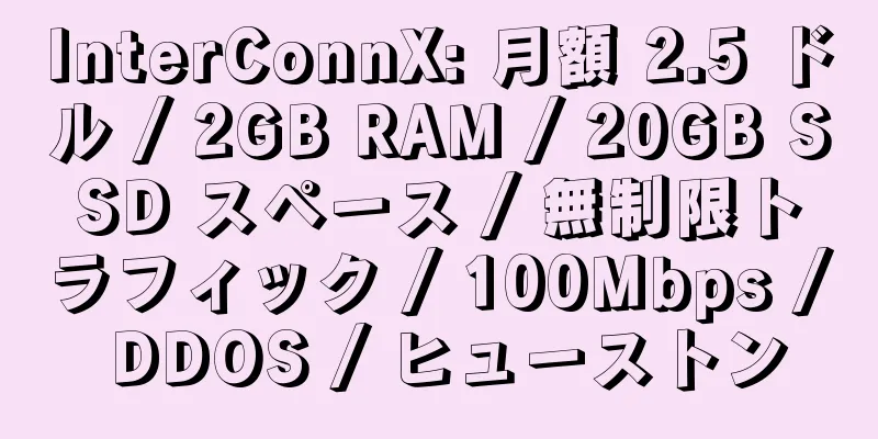 InterConnX: 月額 2.5 ドル / 2GB RAM / 20GB SSD スペース / 無制限トラフィック / 100Mbps / DDOS / ヒューストン