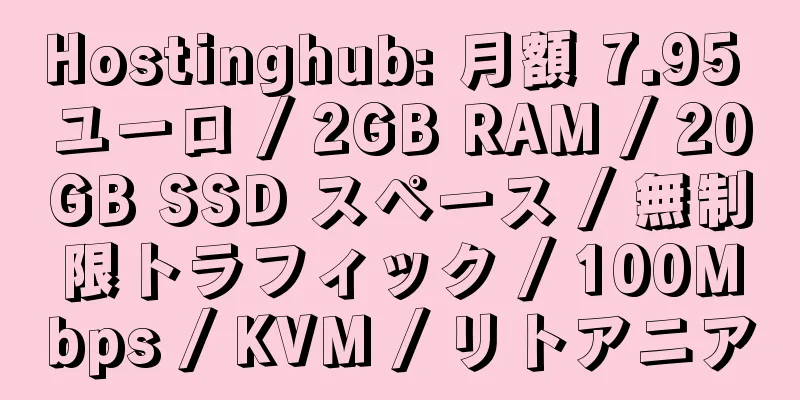 Hostinghub: 月額 7.95 ユーロ / 2GB RAM / 20GB SSD スペース / 無制限トラフィック / 100Mbps / KVM / リトアニア