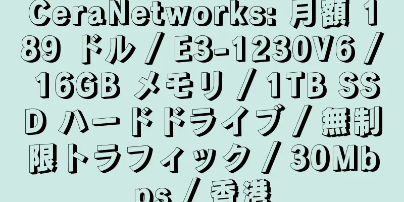 CeraNetworks: 月額 189 ドル / E3-1230V6 / 16GB メモリ / 1TB SSD ハードドライブ / 無制限トラフィック / 30Mbps / 香港