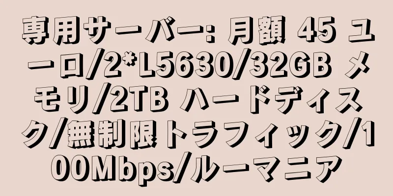 専用サーバー: 月額 45 ユーロ/2*L5630/32GB メモリ/2TB ハードディスク/無制限トラフィック/100Mbps/ルーマニア