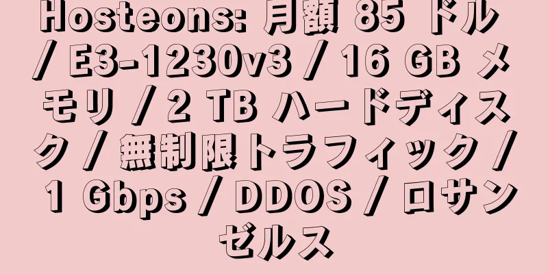 Hosteons: 月額 85 ドル / E3-1230v3 / 16 GB メモリ / 2 TB ハードディスク / 無制限トラフィック / 1 Gbps / DDOS / ロサンゼルス