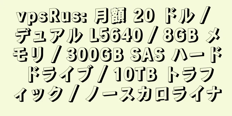 vpsRus: 月額 20 ドル / デュアル L5640 / 8GB メモリ / 300GB SAS ハード ドライブ / 10TB トラフィック / ノースカロライナ