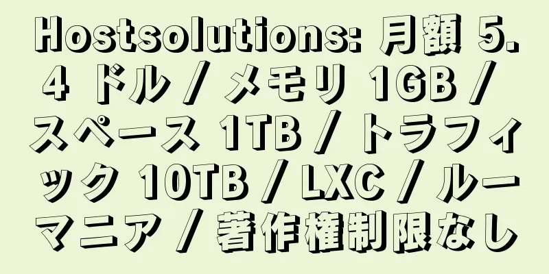 Hostsolutions: 月額 5.4 ドル / メモリ 1GB / スペース 1TB / トラフィック 10TB / LXC / ルーマニア / 著作権制限なし