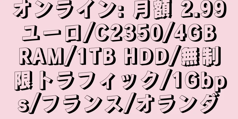 オンライン: 月額 2.99 ユーロ/C2350/4GB RAM/1TB HDD/無制限トラフィック/1Gbps/フランス/オランダ