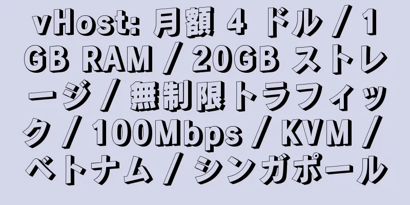 vHost: 月額 4 ドル / 1GB RAM / 20GB ストレージ / 無制限トラフィック / 100Mbps / KVM / ベトナム / シンガポール